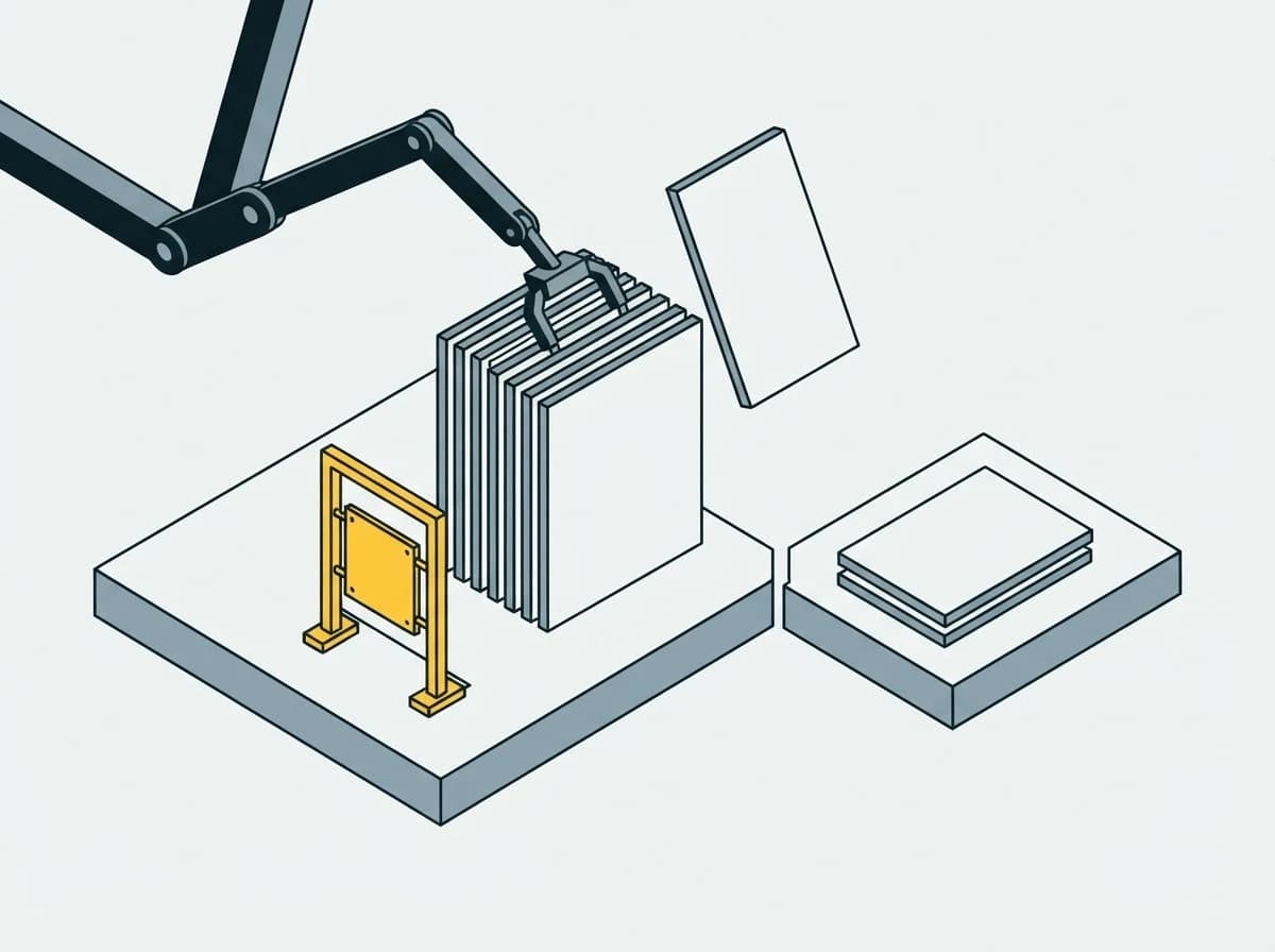 An arm reaching in from outside through a marked gate to lift one panel from a stack, with the versions already kept standing apart beside it.