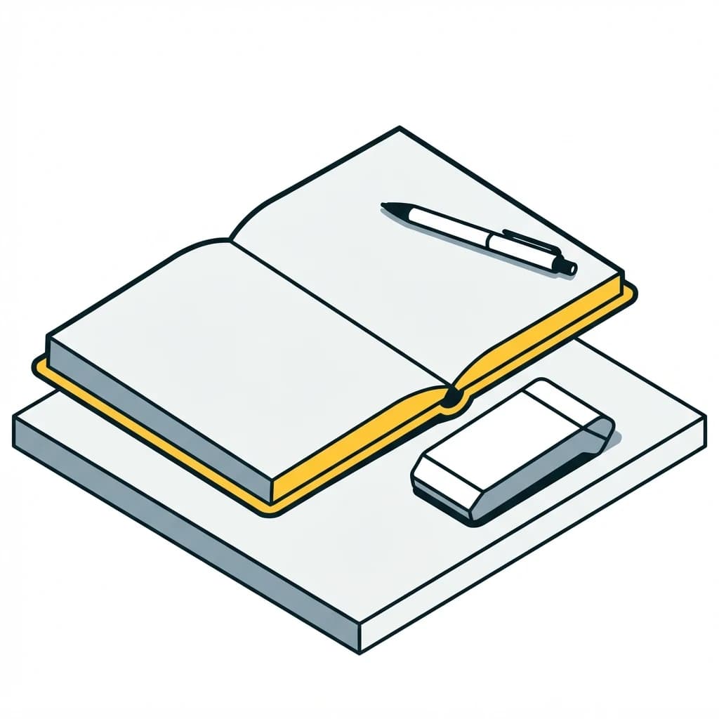 An open ledger with a pen on it, and a card terminal turned face down and pushed aside.