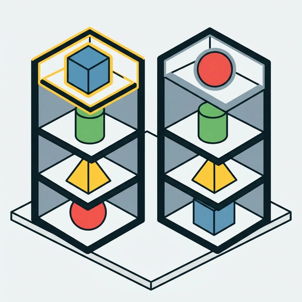 Two shelves holding the same goods arranged in a different order, each with a different leader.