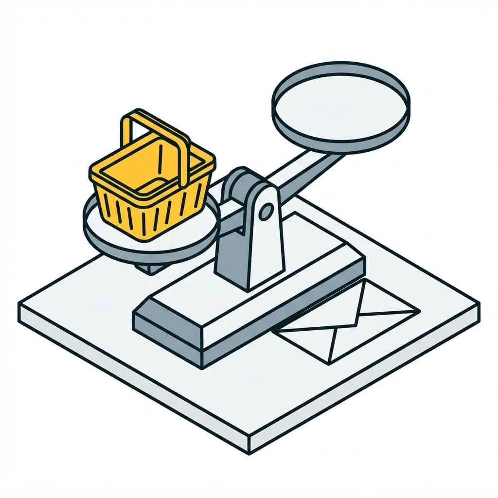 A shopping basket on a balance scale, with an envelope discarded beside it.