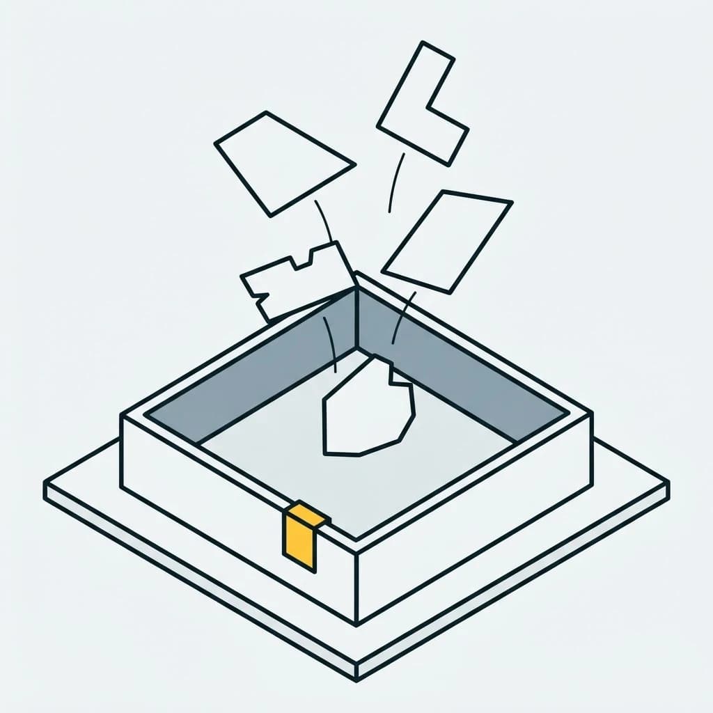 Five differently shaped notes falling into one tray with an owner tag on its edge.