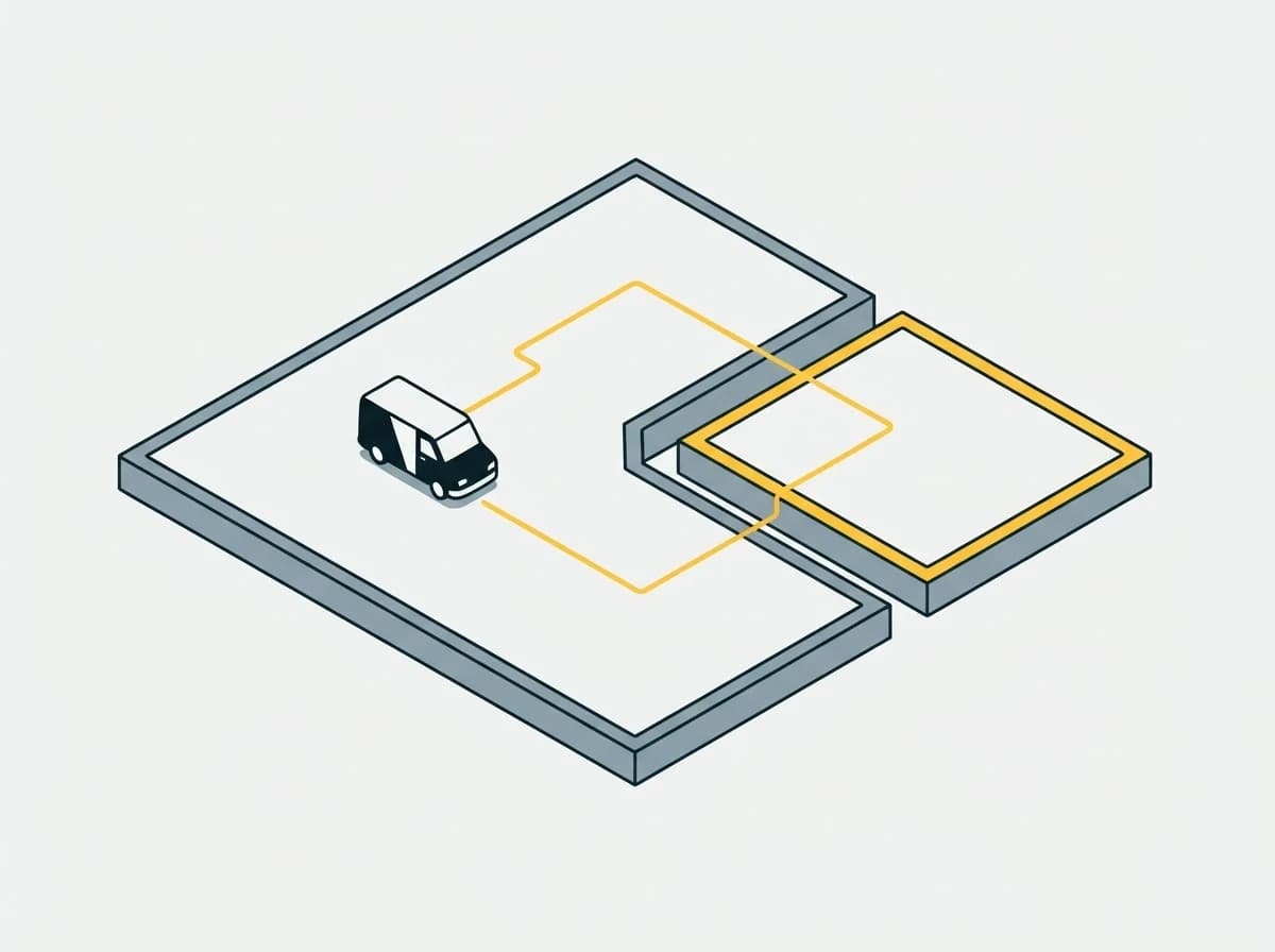 Ground divided into zones with raised edges, a van standing on one and a route crossing two.