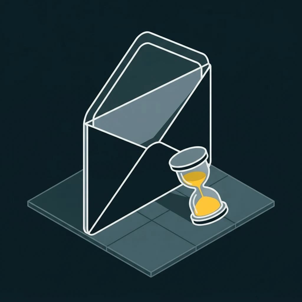 An open envelope standing upright with a sand timer leaning against it, most of the sand already fallen.