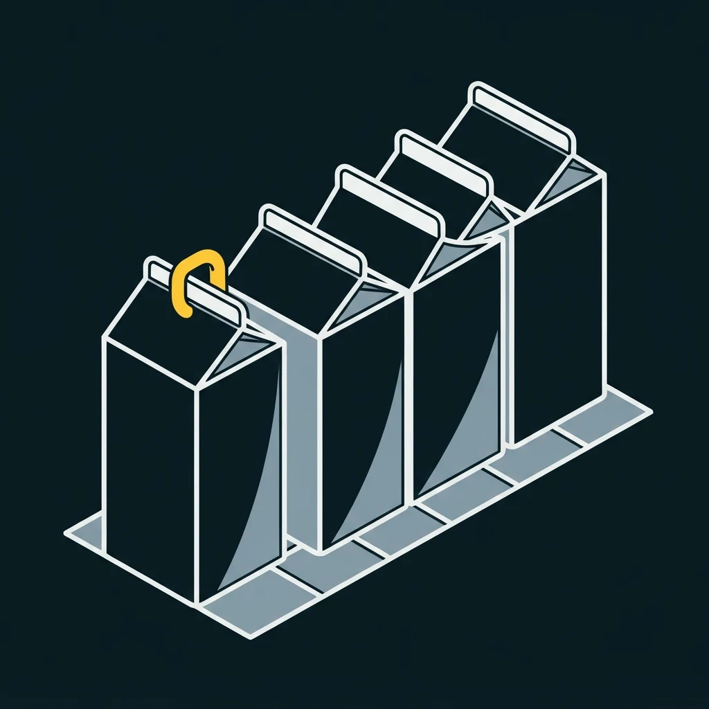 A row of four identical cartons with the leftmost drawn forward out of the line by a hook, the rest left standing.