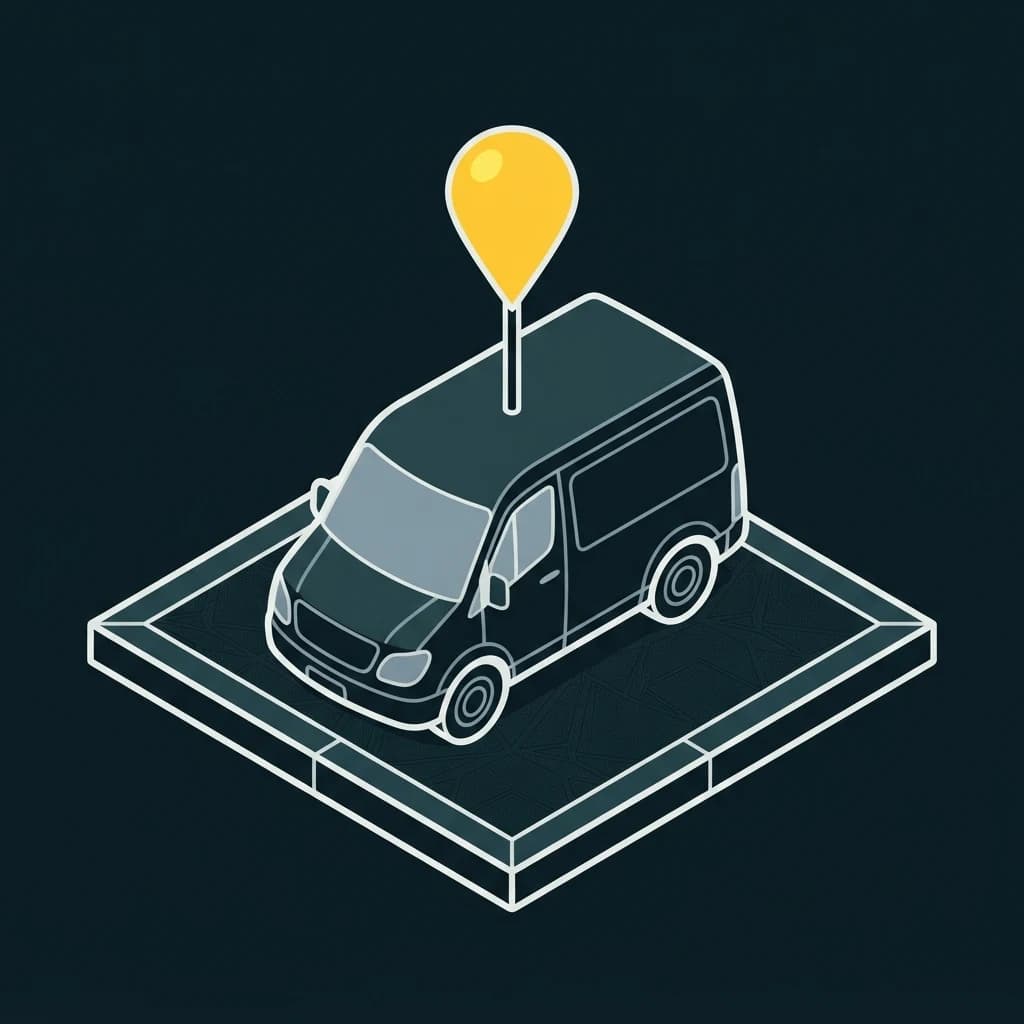 A delivery van with a single map pin standing on a stem directly above its roof.