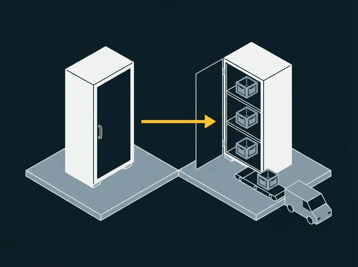 Two cabinets side by side: the left one closed and sealed, the right one open and working, with a single arrow running from the sealed one to the open one and never back, and a crate leaving on a conveyor toward a van.