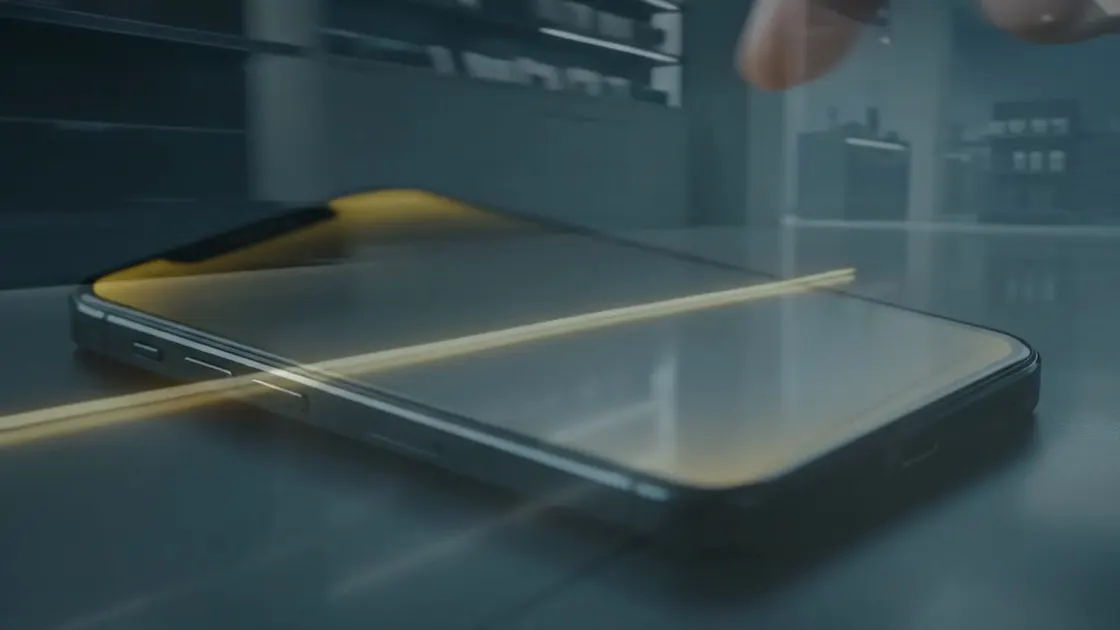 A dark surface, a phone, and a line of warm light leaving its screen — the beginning of an order.