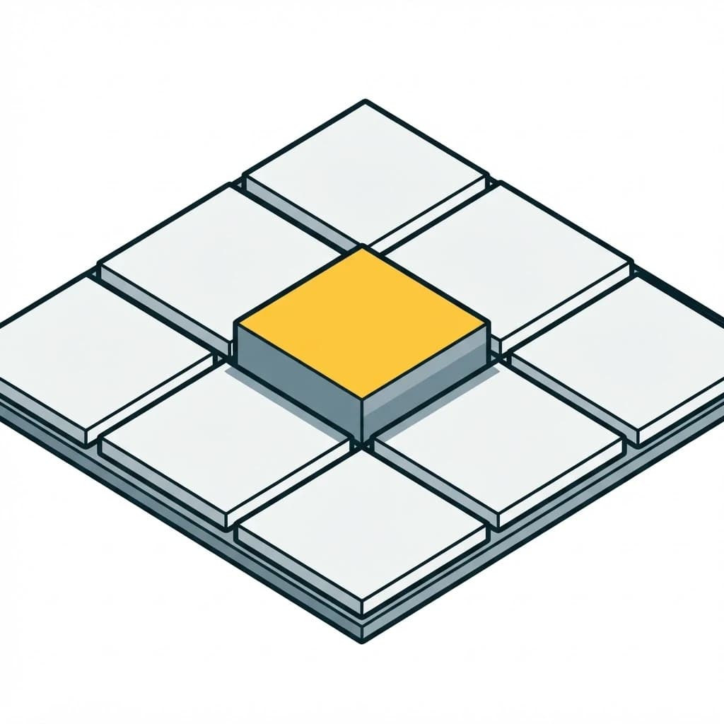 A grid of nine tiles with exactly one raised and picked out.