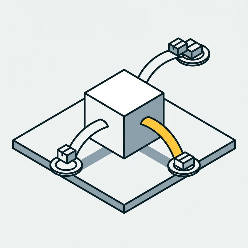 One block sending small parcels outward along three arcs.