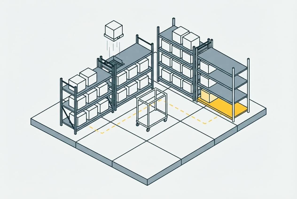 A warehouse aisle with one route threaded between the racks to a marked bay.