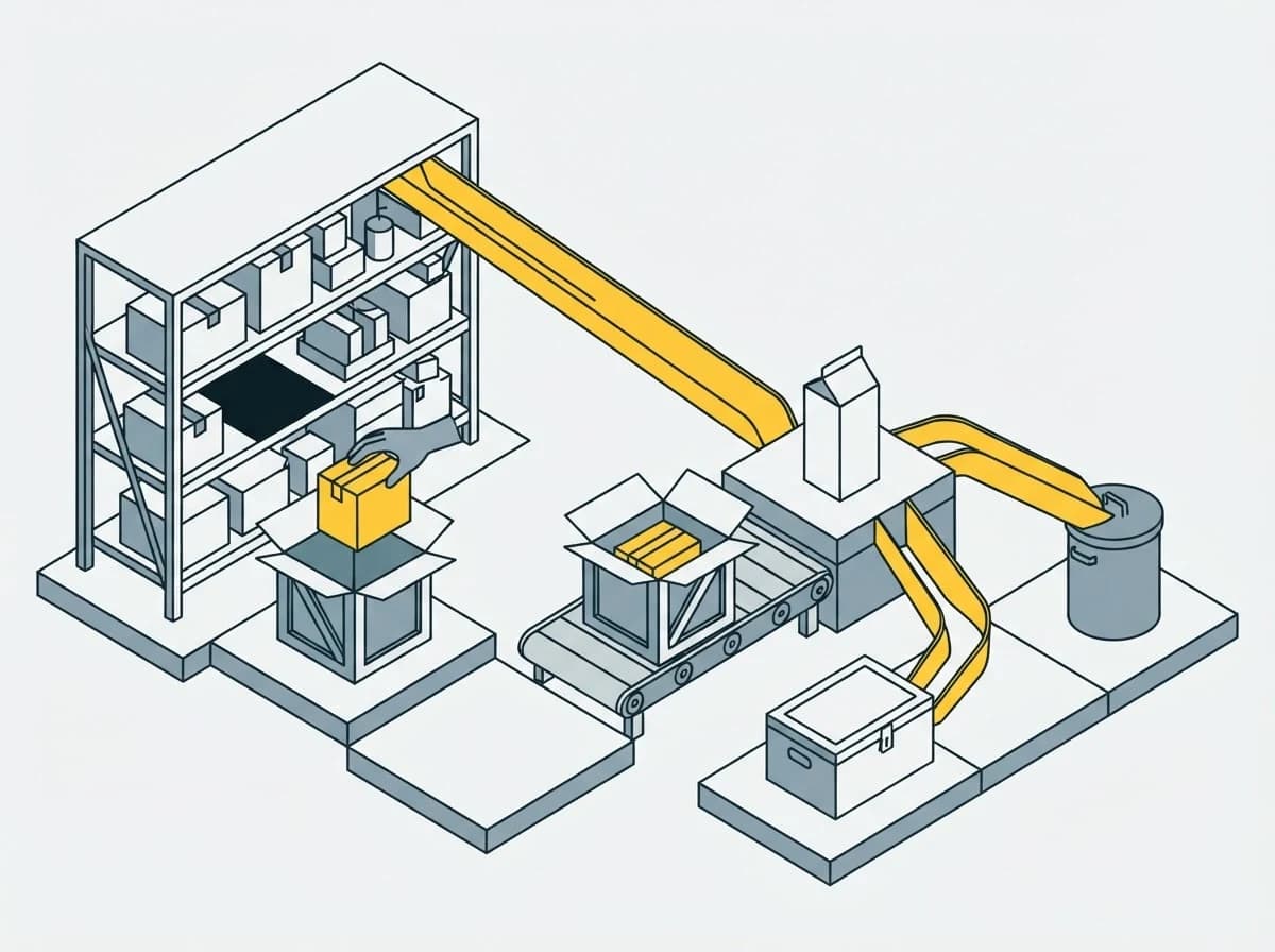 One carton with three separate chutes leaving it — back to the rack, to the bin, to holding.