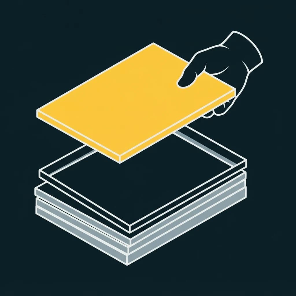 A hand lifting one panel clear of a stack that has opened a gap for it.