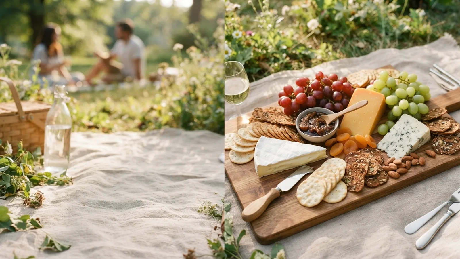A picnic board of cheese, grapes and crackers